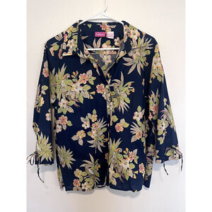 Pappagallo Resort Wear Blouse Women’s Large Navy Parrot Button Up 3/4 Tie Sleeve